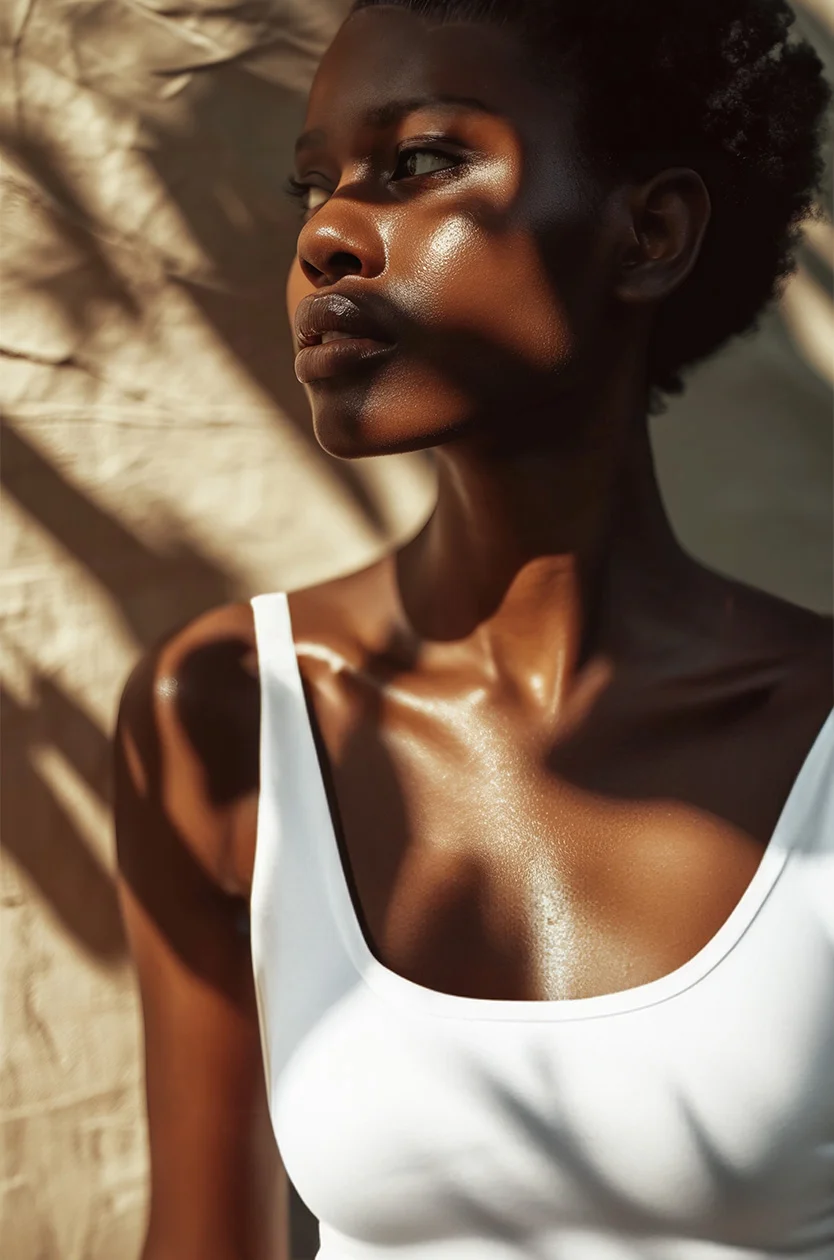 A woman is wearing a white shirt, showcasing elements of fashion. The image captures his upper body, including the chest and neck area. The setting appears to be outdoors, highlighting a natural backdrop for this portrait-style art. - IV Infusions in Los Angeles, CA