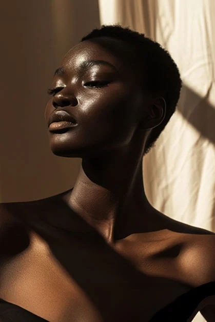 Black woman with short hair, closing her eyes as lights and shadows cascade over her - Kybella in Los Angeles, CA
